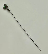 Load image into Gallery viewer, Antique Victorian Jade Brass Repousse Hat Stick Pin As-Is (9&quot;)
