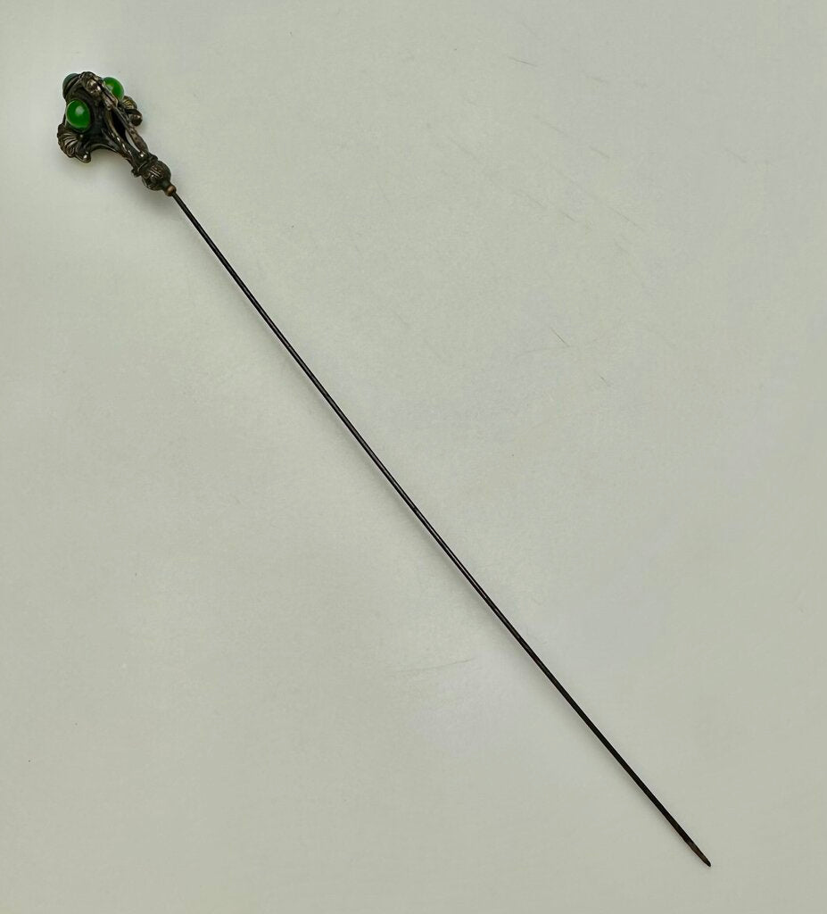 Antique Victorian Jade Brass Repousse Hat Stick Pin As-Is (9