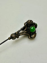 Load image into Gallery viewer, Antique Victorian Jade Brass Repousse Hat Stick Pin As-Is (9&quot;)
