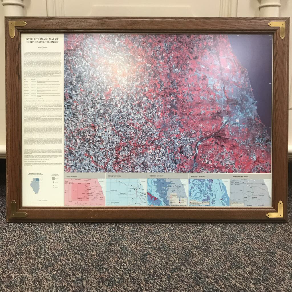 Framed Satellite Image Map of Northern Illinois (26x36)