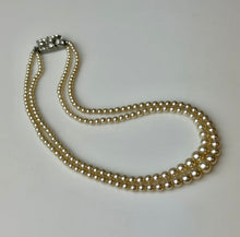 Load image into Gallery viewer, Vintage Cream Faux Pearl Two Strand Rhinestone Clasp Necklace (16&quot;)
