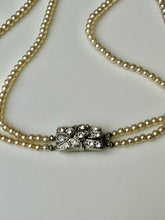 Load image into Gallery viewer, Vintage Cream Faux Pearl Two Strand Rhinestone Clasp Necklace (16&quot;)
