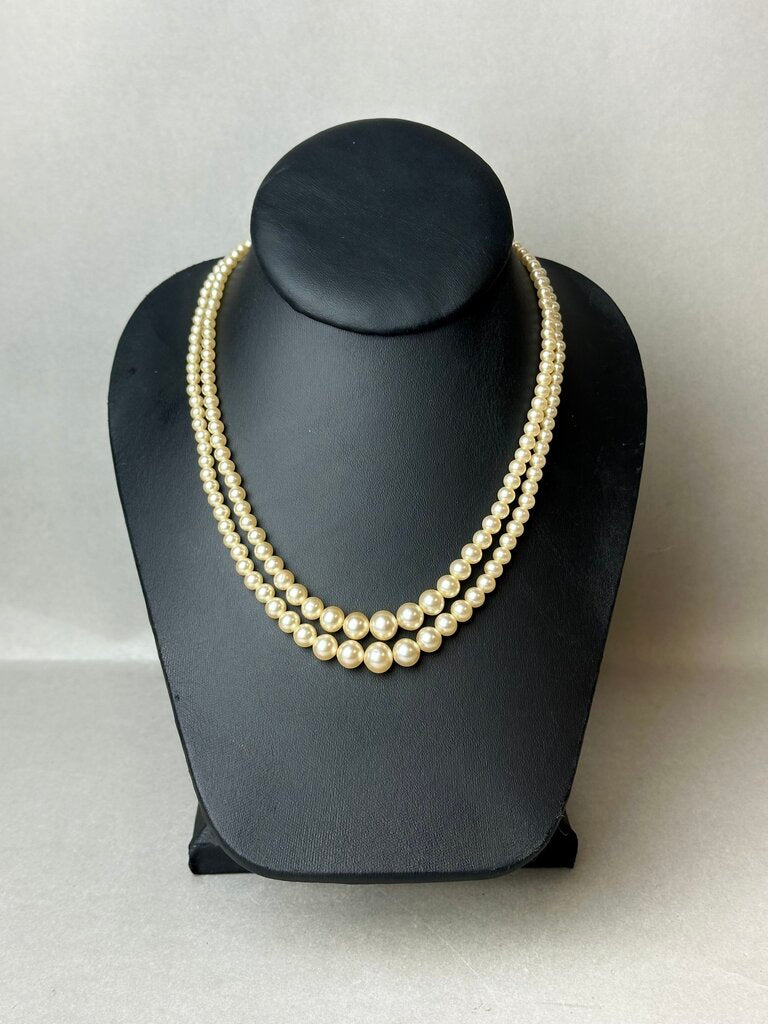 Vintage Cream Faux Pearl Two Strand Rhinestone Faux Pearl Clasp Necklace (16