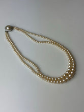 Load image into Gallery viewer, Vintage Cream Faux Pearl Two Strand Rhinestone Faux Pearl Clasp Necklace (16&quot;)
