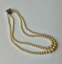 Load image into Gallery viewer, Vintage Cream Faux Pearl Two Strand Rhinestone Faux Pearl Clasp Necklace (16")
