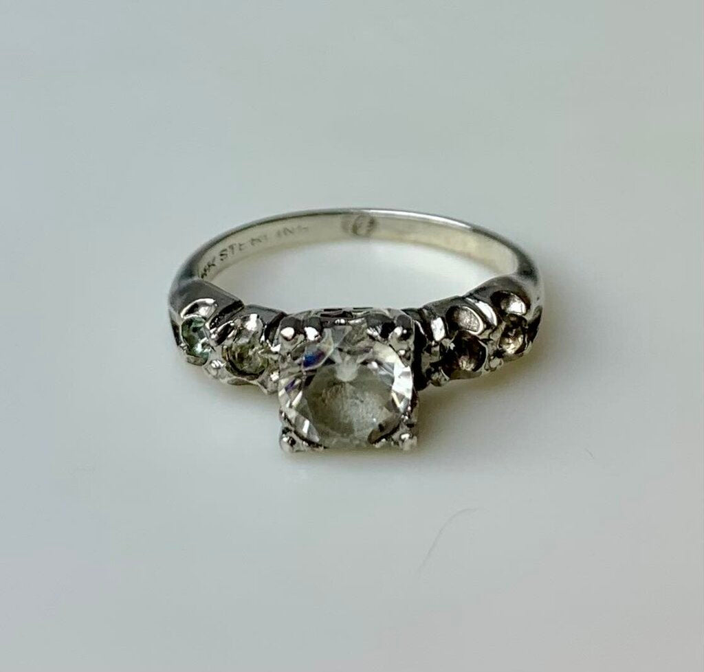 Vintage Sterling White Topaz Engagement Ring sz 4.75 As-Is