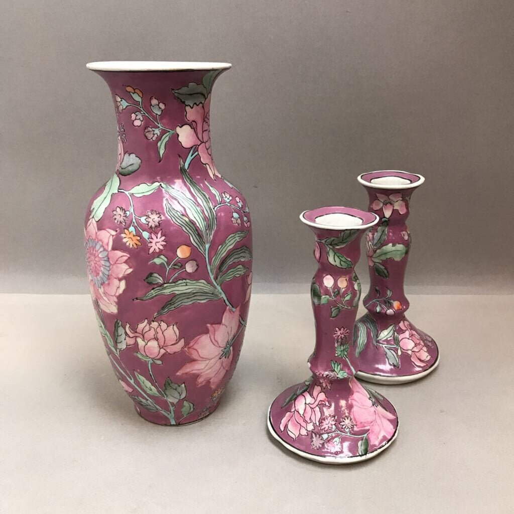 Pink Asian Floral Vase & Candlestick Holder Pair (10.25