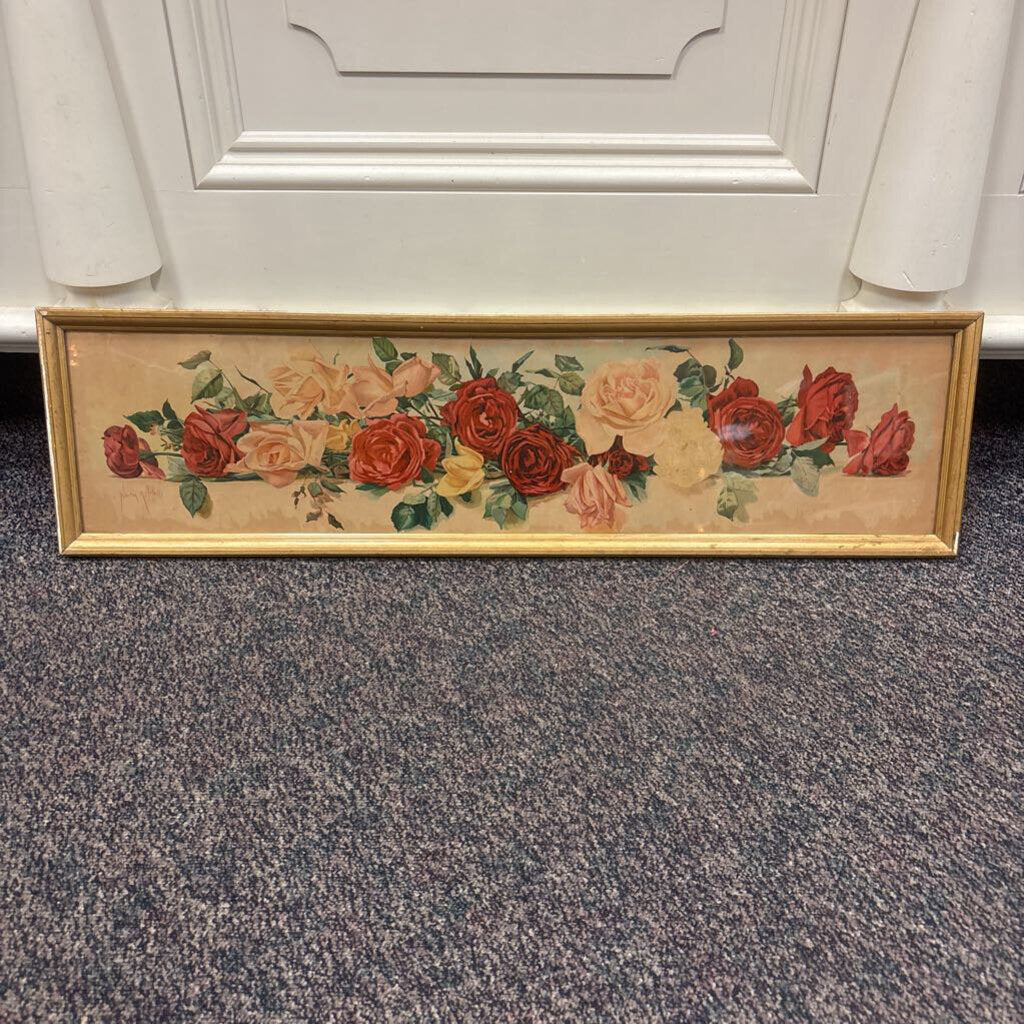 Antique Yard Long of Roses Framed Lithograph By Newton Alonzo (11x37)