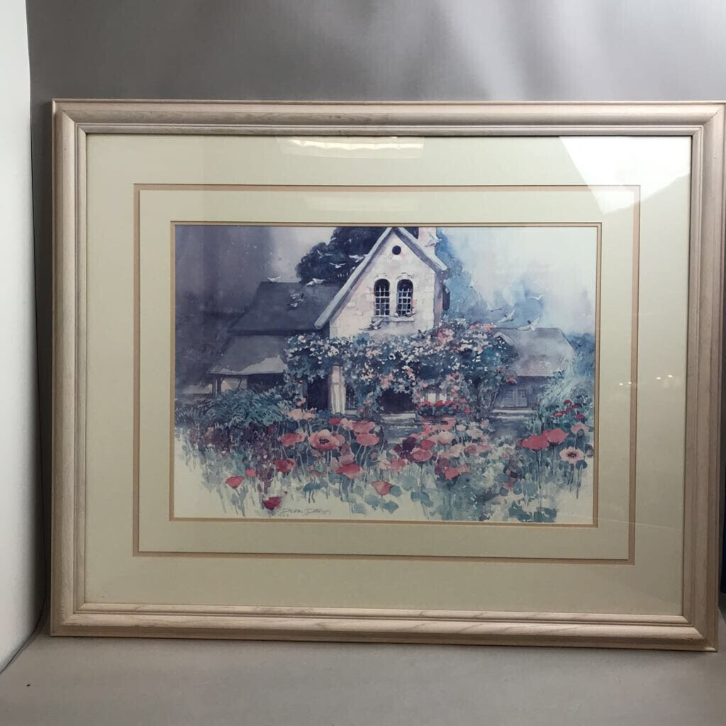 Framed Dawna Burton Print - Countryside Villa & Flowers (33x39.5)