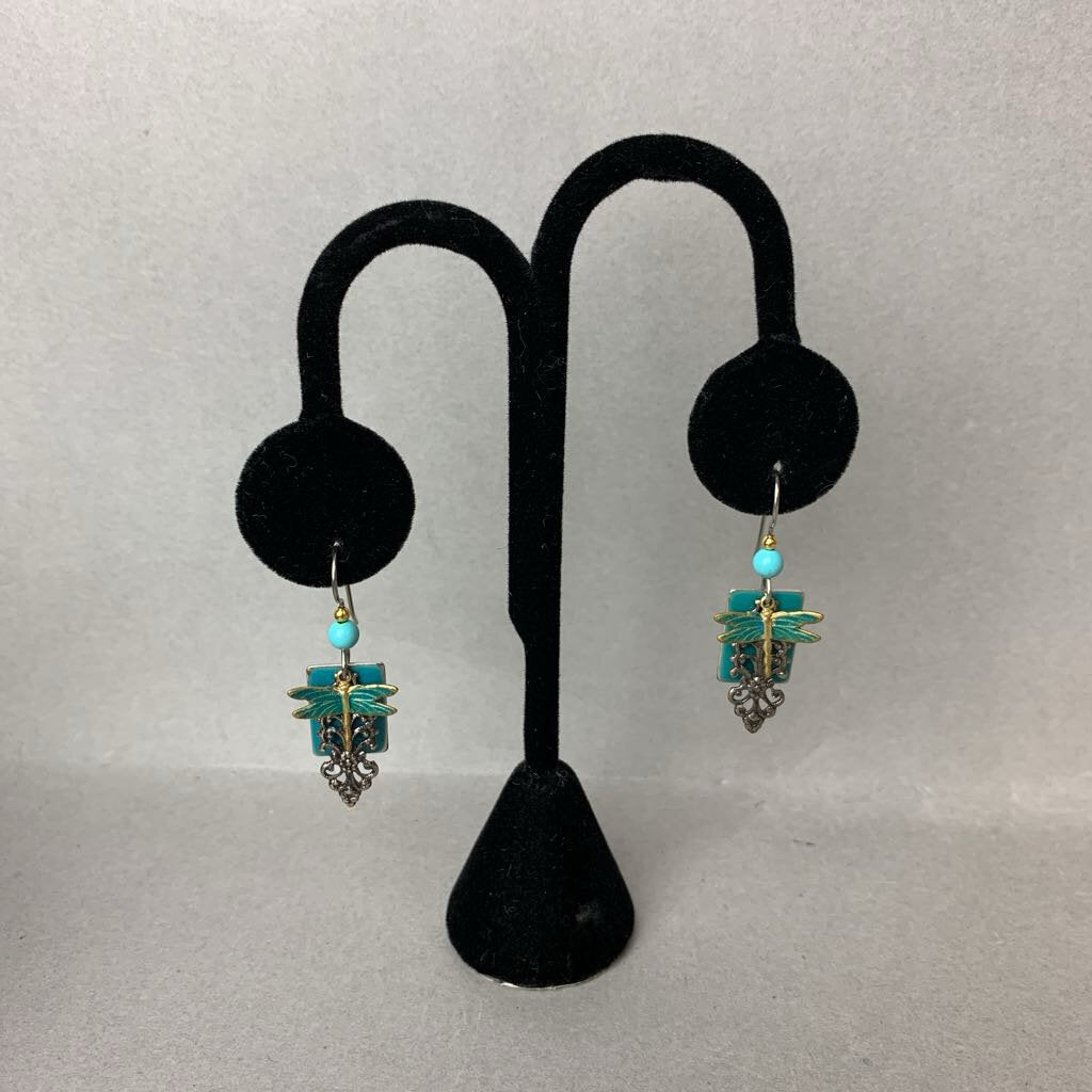Silver Forest Dragonfly Turquoise Charm Earrings