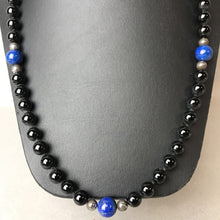 Load image into Gallery viewer, Vintage Onyx Sterling Lapis Lazuli Knotted Beaded Necklace (30&quot;)
