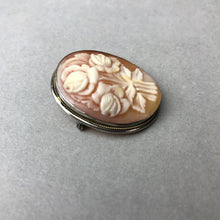 Load image into Gallery viewer, Vintage 800 Silver Carved Shell Roses Cameo Brooch Pin w/ Pendant Bail (1.25")
