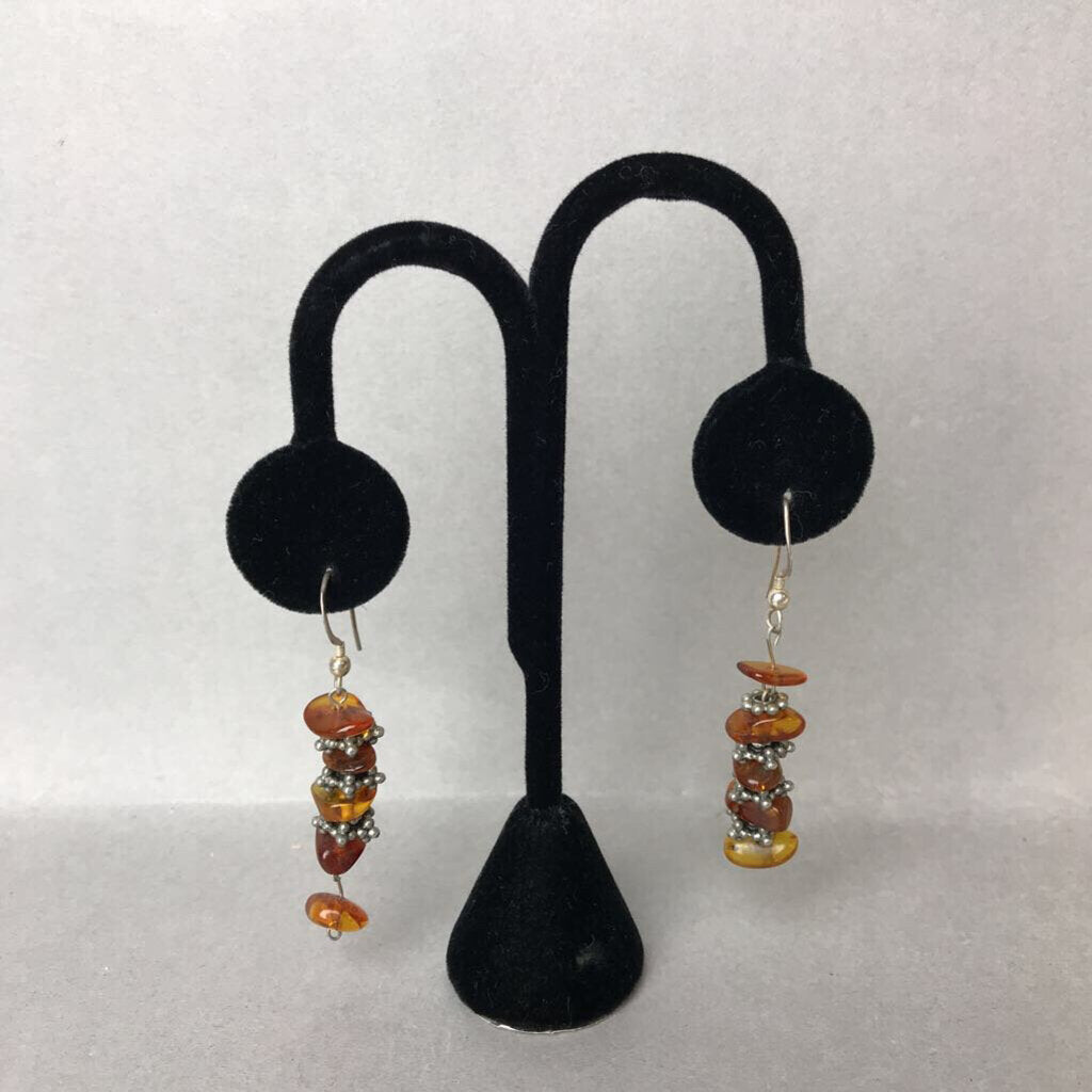 Vintage Baltic Amber Chip Sterling Dangle Earrings (2