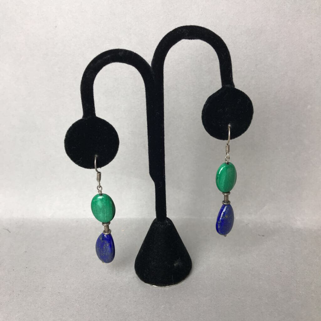 Vintage Sterling Lapis Malachite Beaded Drop Earrings (2.5
