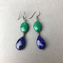 Load image into Gallery viewer, Vintage Sterling Lapis Malachite Beaded Drop Earrings (2.5")
