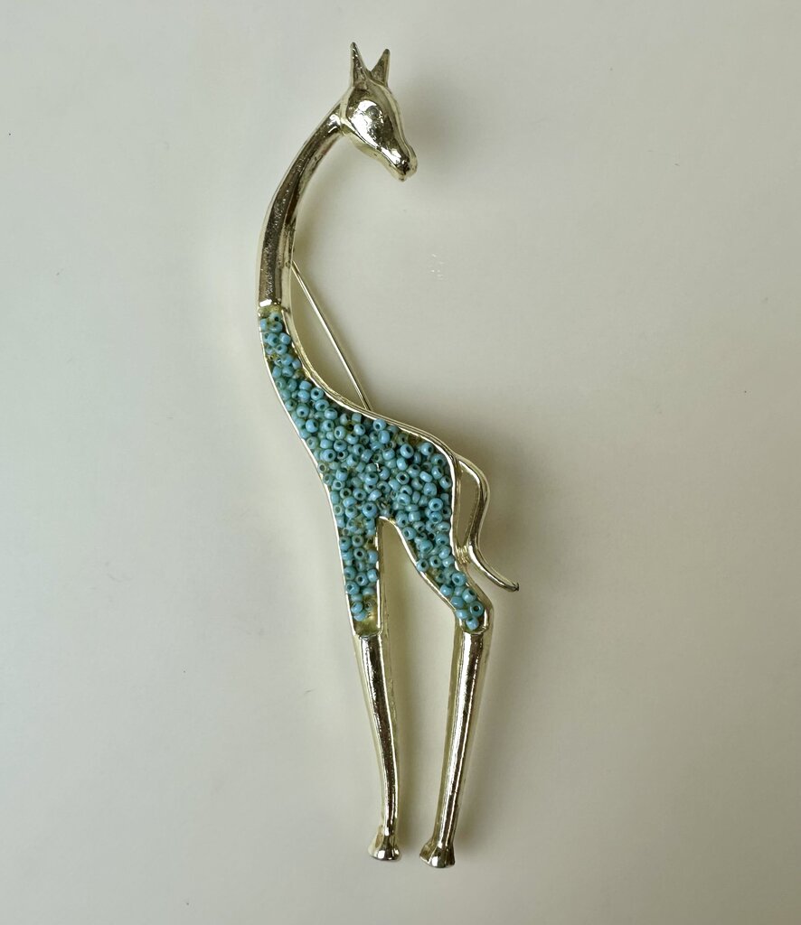 Vintage MCM Turquoise Seed Bead Goldtone Giraffe Brooch PIn (4.75