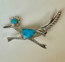 Load image into Gallery viewer, Vintage Native American Sterling Turquoise Roadrunner Brooch Pin (2.25&quot;)
