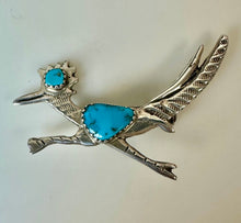 Load image into Gallery viewer, Vintage Native American Sterling Turquoise Roadrunner Brooch Pin (2.25&quot;)
