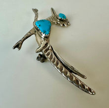 Load image into Gallery viewer, Vintage Native American Sterling Turquoise Roadrunner Brooch Pin (2.25&quot;)
