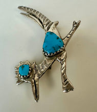 Load image into Gallery viewer, Vintage Native American Sterling Turquoise Roadrunner Brooch Pin (2.25&quot;)
