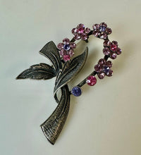 Load image into Gallery viewer, Vintage Park Lane Antiqued Silvertone Pink &amp; Purple Rhinestone Flower Brooch Pin (2.25")
