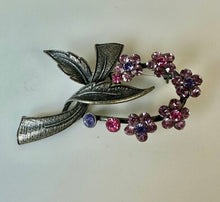Load image into Gallery viewer, Vintage Park Lane Antiqued Silvertone Pink &amp; Purple Rhinestone Flower Brooch Pin (2.25")
