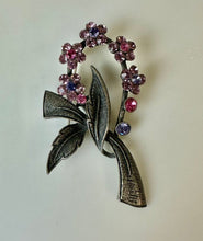 Load image into Gallery viewer, Vintage Park Lane Antiqued Silvertone Pink &amp; Purple Rhinestone Flower Brooch Pin (2.25&quot;)
