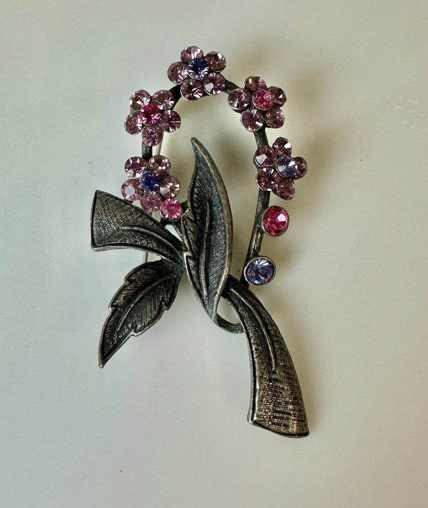 Vintage Park Lane Antiqued Silvertone Pink & Purple Rhinestone Flower Brooch Pin (2.25