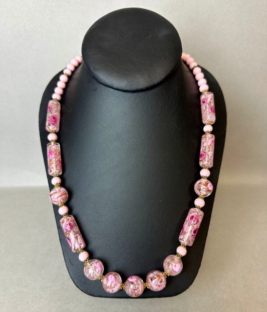 Vintage Murano Wedding Cake Pink Venetian Glass Bead Necklace (23