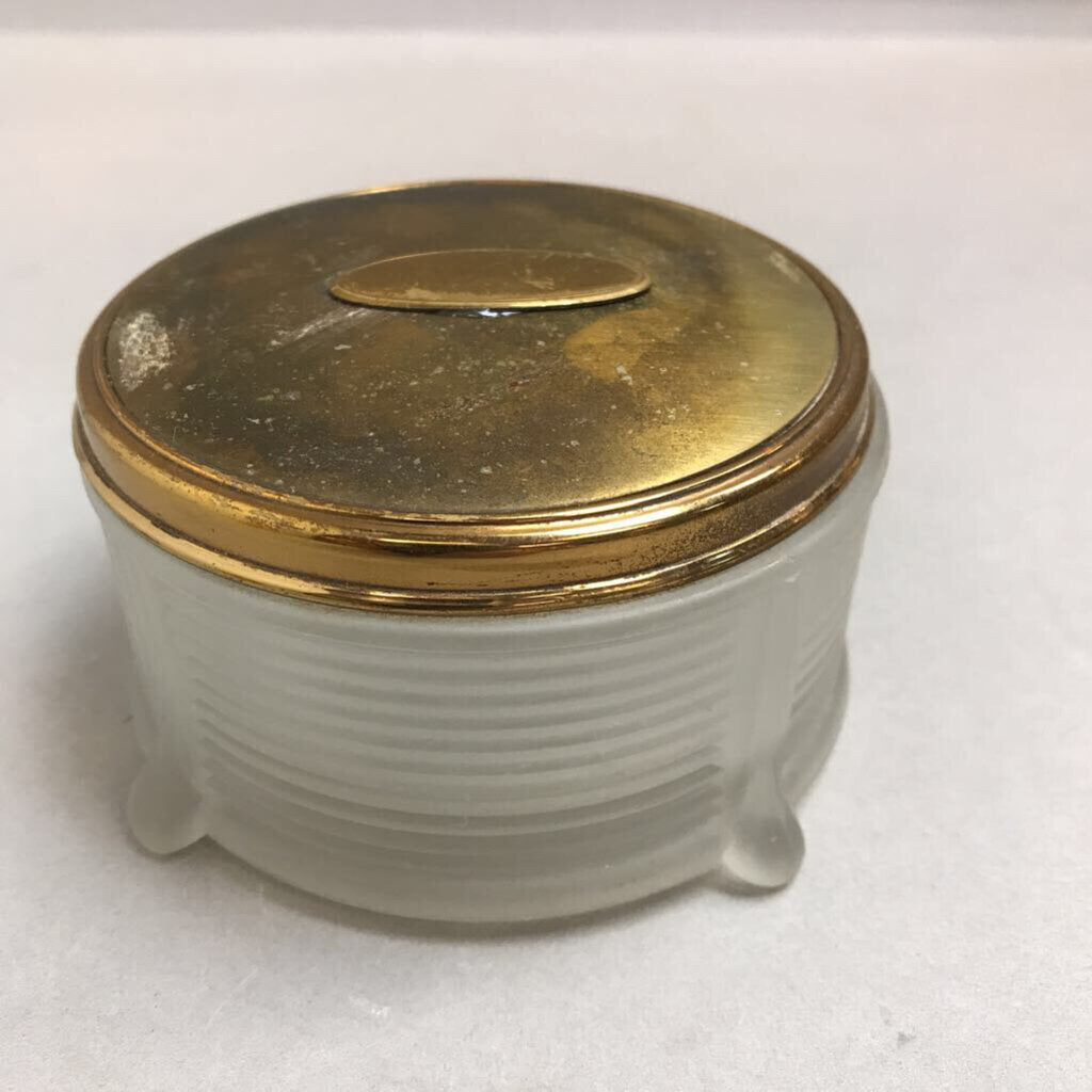 Vintage Art Deco Footed Ribbed Satin Glass Powder Dresser Jar With Metal Lid (2x4)