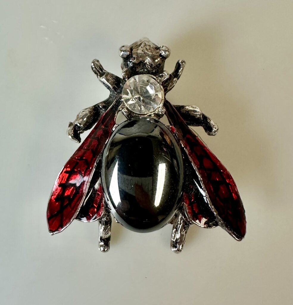 Vintage Hematite Rhinestone Enamel Bee Brooch Pin (1.5