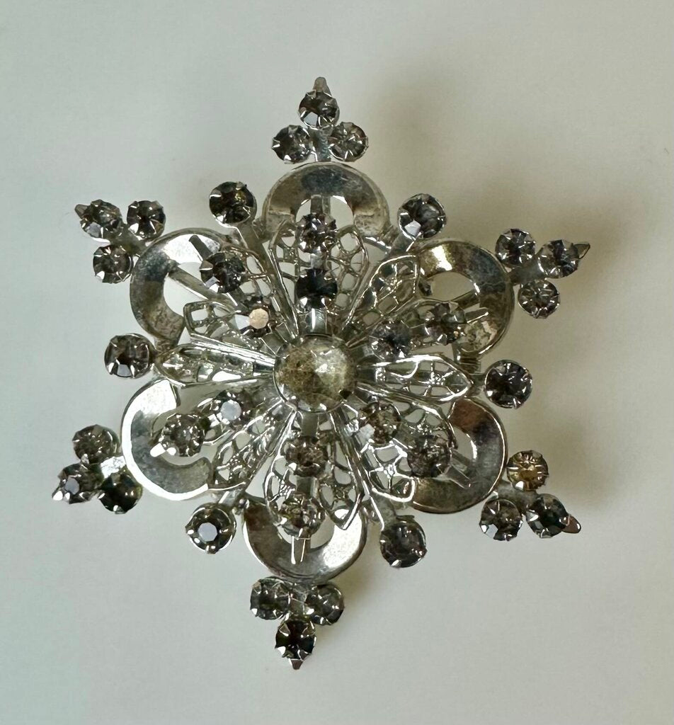 Vintage Gray & Clear Rhinestone Snowflake Brooch Pin (2