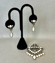 Load image into Gallery viewer, Vintage Milk Glass Rhinestone Dangle 2.25" Brooch Pin w/ 1.5" Earrings Set
