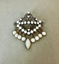 Load image into Gallery viewer, Vintage Milk Glass Rhinestone Dangle 2.25" Brooch Pin w/ 1.5" Earrings Set
