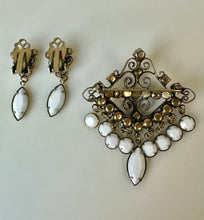 Load image into Gallery viewer, Vintage Milk Glass Rhinestone Dangle 2.25" Brooch Pin w/ 1.5" Earrings Set

