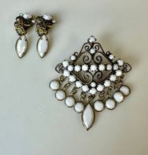 Load image into Gallery viewer, Vintage Milk Glass Rhinestone Dangle 2.25&quot; Brooch Pin w/ 1.5&quot; Earrings Set
