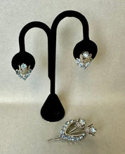 Load image into Gallery viewer, Vintage Baby Blue Rhinestone Flowers 2" Brooch Pin w/ 0.75" Earrings Set
