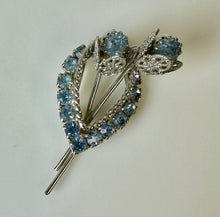 Load image into Gallery viewer, Vintage Baby Blue Rhinestone Flowers 2" Brooch Pin w/ 0.75" Earrings Set

