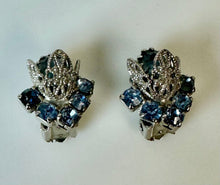 Load image into Gallery viewer, Vintage Baby Blue Rhinestone Flowers 2" Brooch Pin w/ 0.75" Earrings Set
