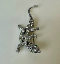 Load image into Gallery viewer, Vintage Czech Clear Crystal Rhinestone w/ Green Eyes Lizard Brooch Pin (2.25&quot;)
