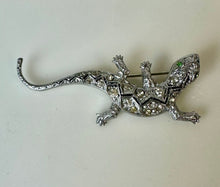 Load image into Gallery viewer, Vintage Czech Clear Crystal Rhinestone w/ Green Eyes Lizard Brooch Pin (2.25&quot;)

