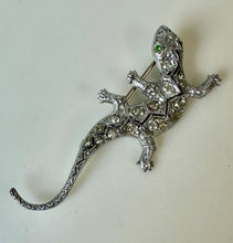 Load image into Gallery viewer, Vintage Czech Clear Crystal Rhinestone w/ Green Eyes Lizard Brooch Pin (2.25&quot;)
