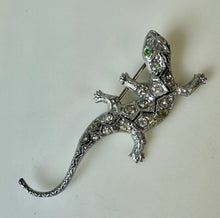 Load image into Gallery viewer, Vintage Czech Clear Crystal Rhinestone w/ Green Eyes Lizard Brooch Pin (2.25&quot;)
