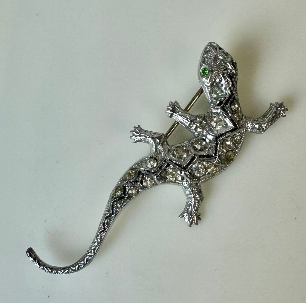 Vintage Czech Clear Crystal Rhinestone w/ Green Eyes Lizard Brooch Pin (2.25