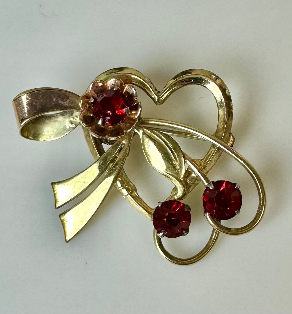 Vintage Harry Iskin Gold Filled Red Rhinestone Heart Brooch Pin (1.75