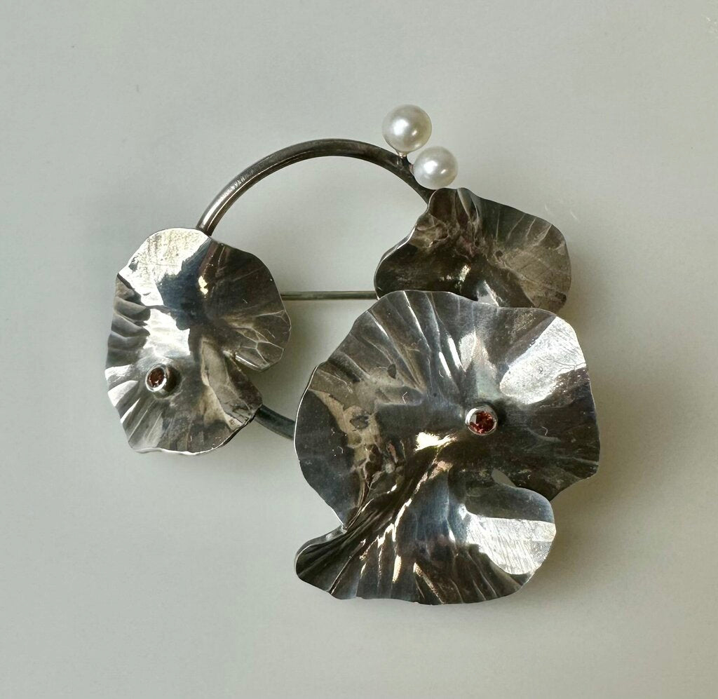 Vintage Sterling Garnet Pearl Lily Pad Brooch Pin (2