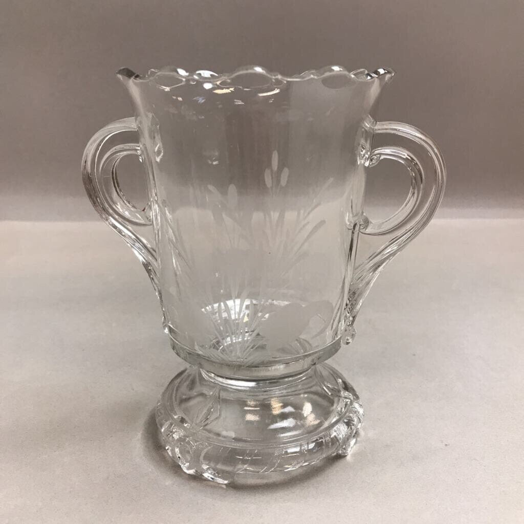 Vintage Etched Clear Glass Sugar Bowl with Handles (6