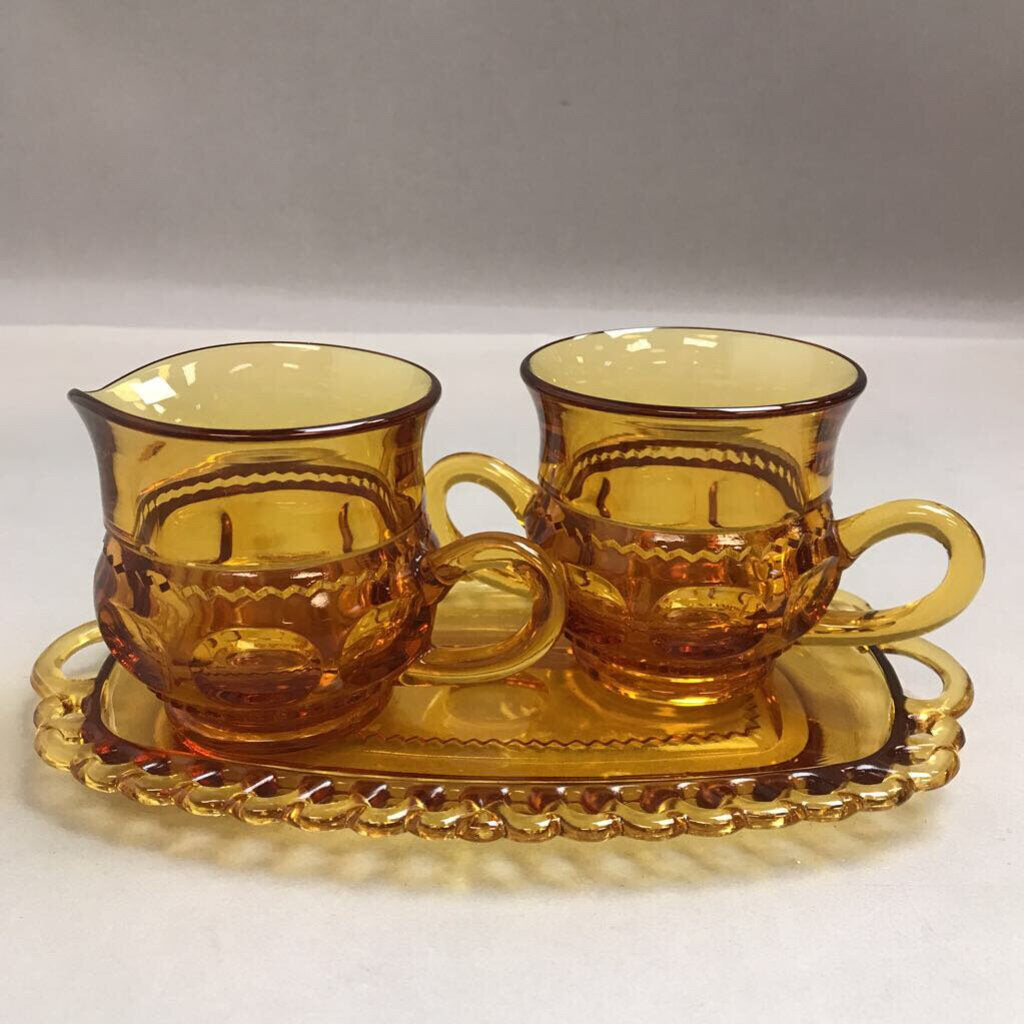 Vintage Amber Glass Sugar & Creamer with Underplate (3