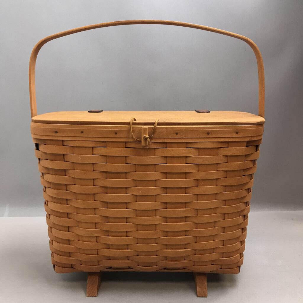 Longaberger 1993 Footed Swing Handle Magazine Basket Protector Hinged Lid (13x16x8)