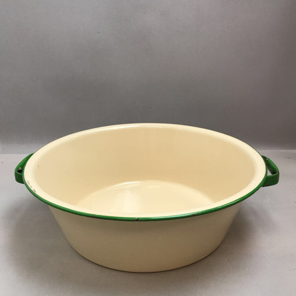 Vintage Enamelware Yellow with Green Trim Pan with Handles (5x15)